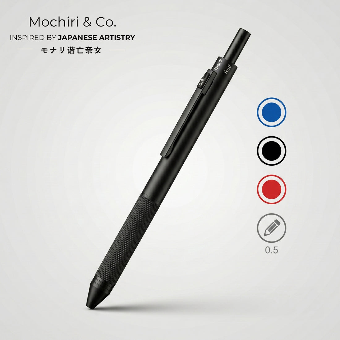 Mochiri & Co. Japan inspired VECTOR 4 | Matte Black 4-in-1 Multi-Function Writing Instrument | 3 Ink Colours + 0.5mm Pencil