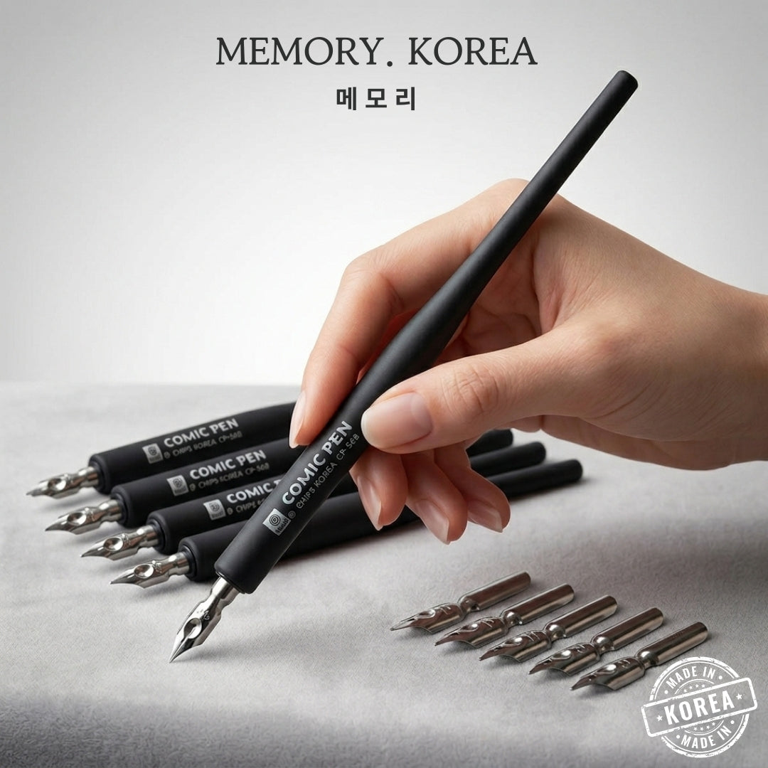 Memory Korea Comic Pen | Made in Korea Precision Drawing & Calligraphy Dip Pen I 5 Pens I 메모리 코리아